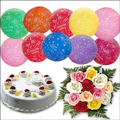 "Pineapple cake half kg ,12 Mixed Roses , Unblown 10 Balloons - Click here to View more details about this Product